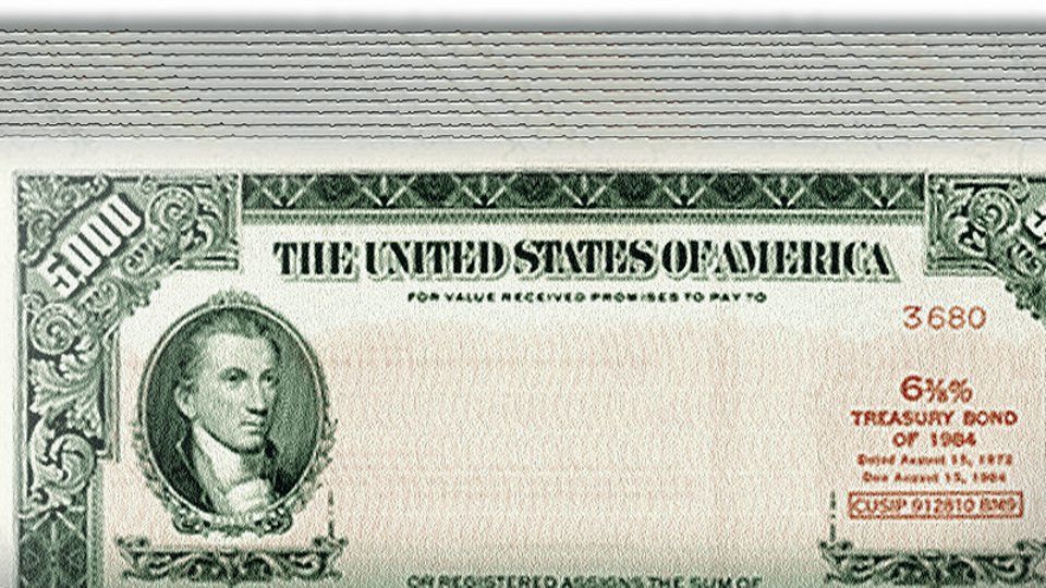 A stack of historical U.S. Treasury bond certificates