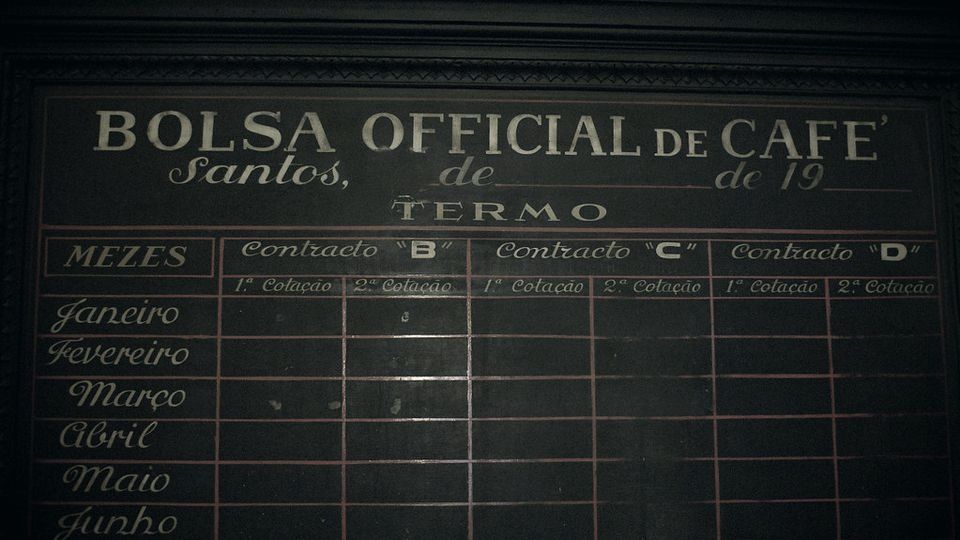Historic quotation board at the Santos coffee exchange in Brazil