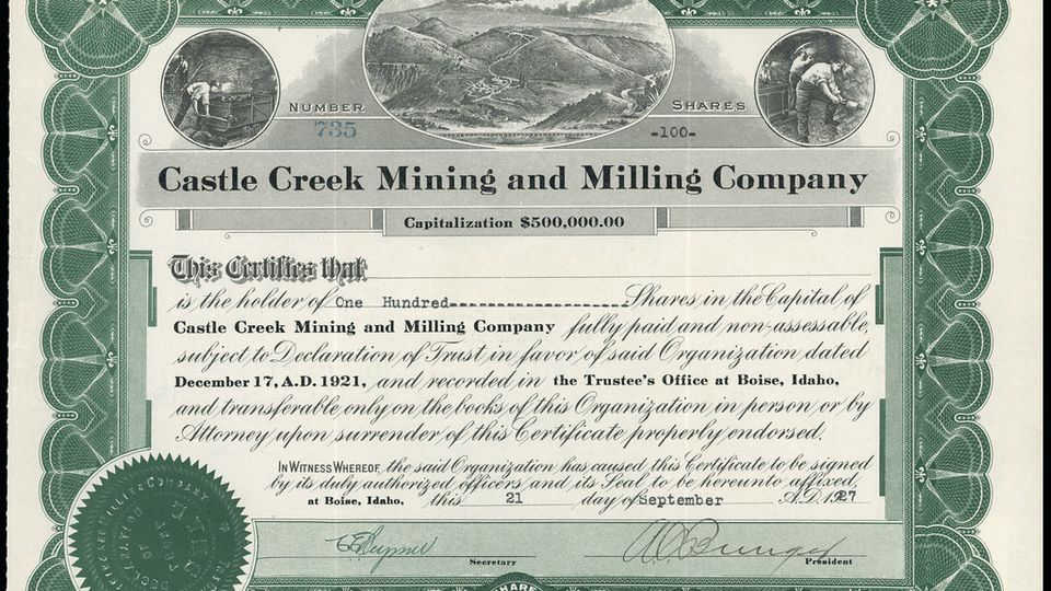 Green vintage stock certificate of the Castle Creek Mining and Milling Company